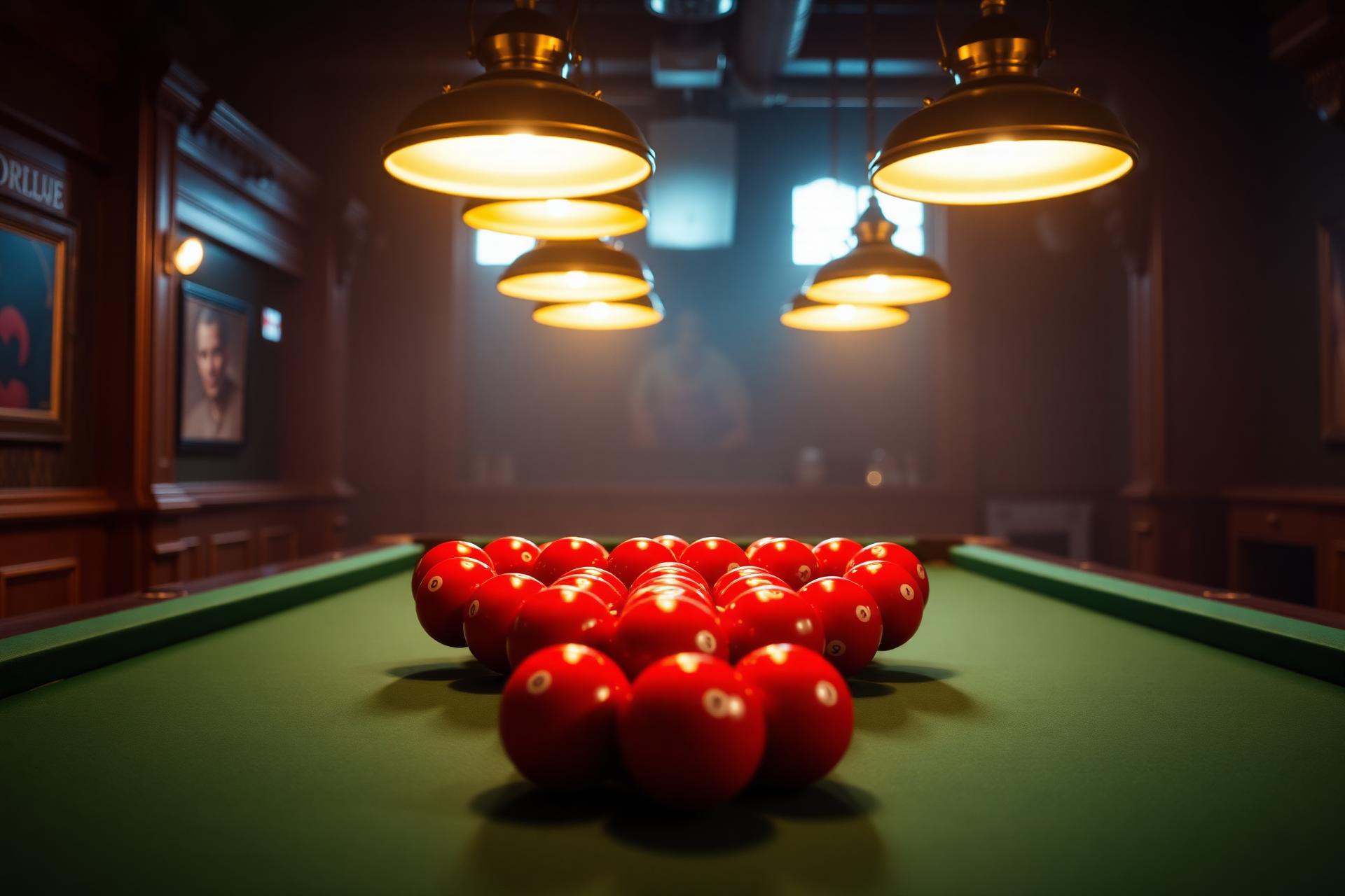 Snooker-Tisch mit roten Bällen und goldenen Pendelleuchten