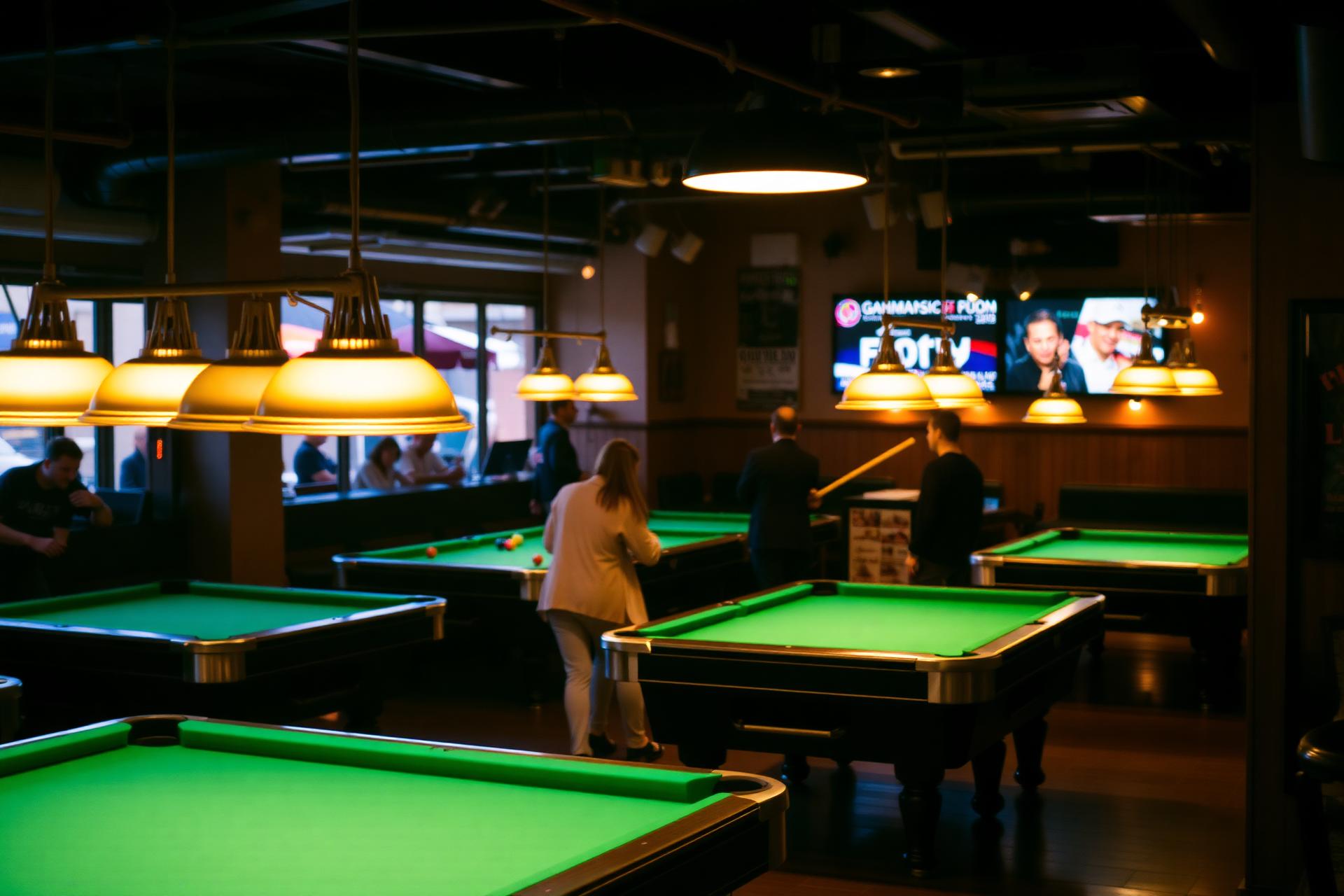 Billard-Café Break Even: grüne Pool-Tische unter warmen Pendelleuchten, Gäste beim Spiel